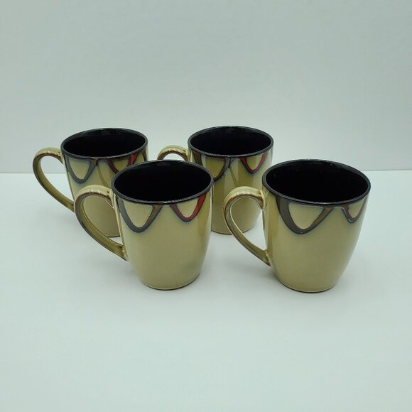 Pier 1 Wave Mugs Tan Stoneware Mugs Brown Gold Reddish Orange Arc Border - Picture 2 of 9
